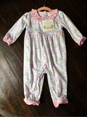 Trotters Pink Ruffle Collar Infant Romper with Pastel Print